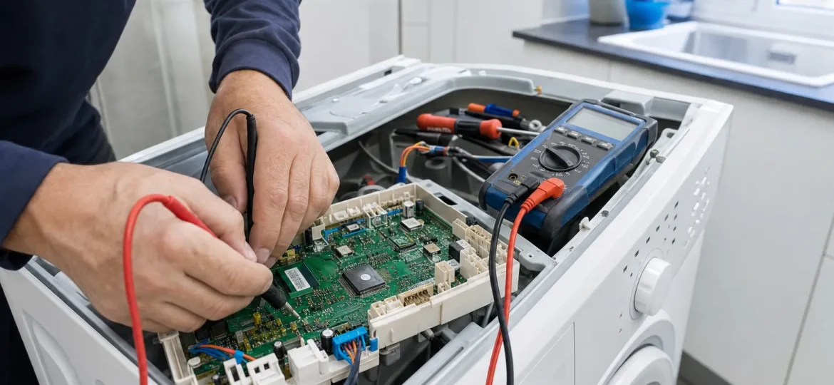 Técnico comprobando con un multímetro la placa electrónica de una lavadora tras una subida de tensión